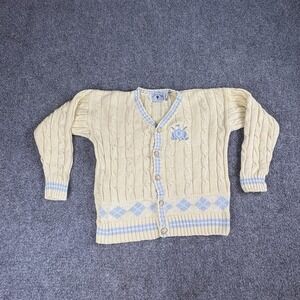 90s Kitestrings Kids Cardigan 5/6 Yellow Blue Cable Knit Preppy Argyle Ivy VTG
